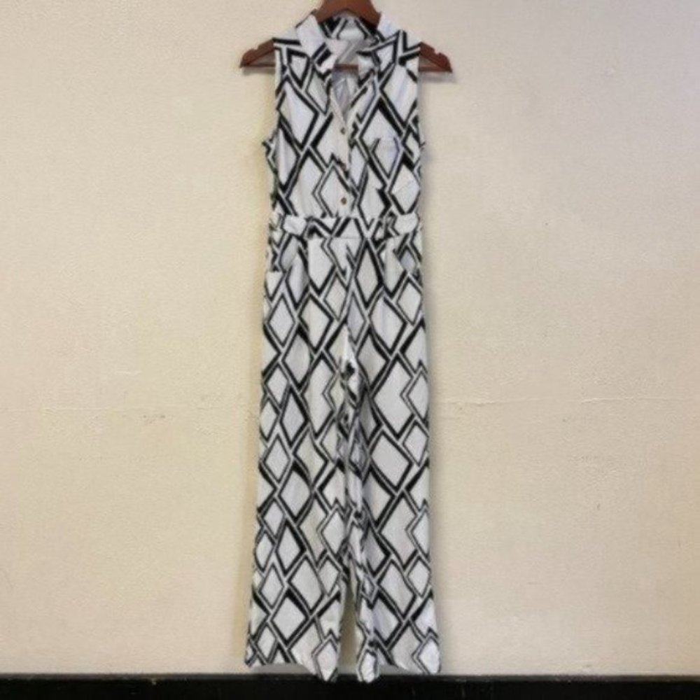 PRICE FIRM Vintage Black White Printed Jumpsuit | Size S/M - Picture 5 of 14